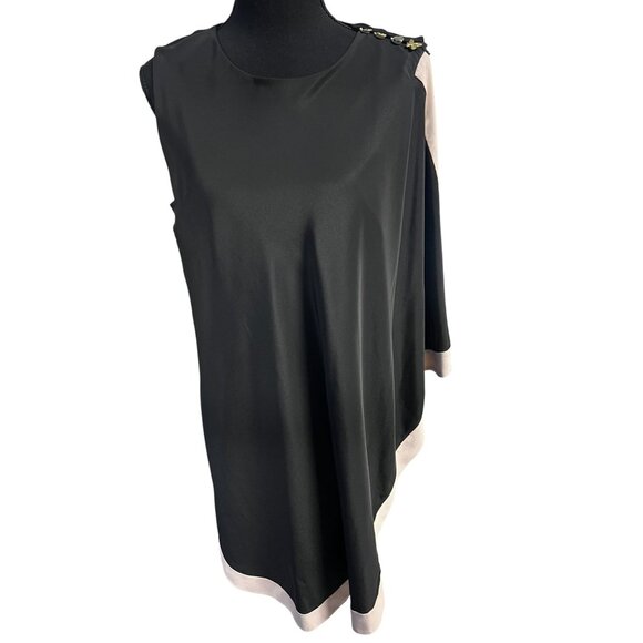 TED BAKER Black Sleeveless Asymmetrical Dress Women 4 Beige Trim Button Shoulder - Picture 1 of 13